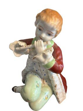 Vintage Halsey Porcelain Figurine Boy Playing Flute Red Coat MCM Japan Estate
